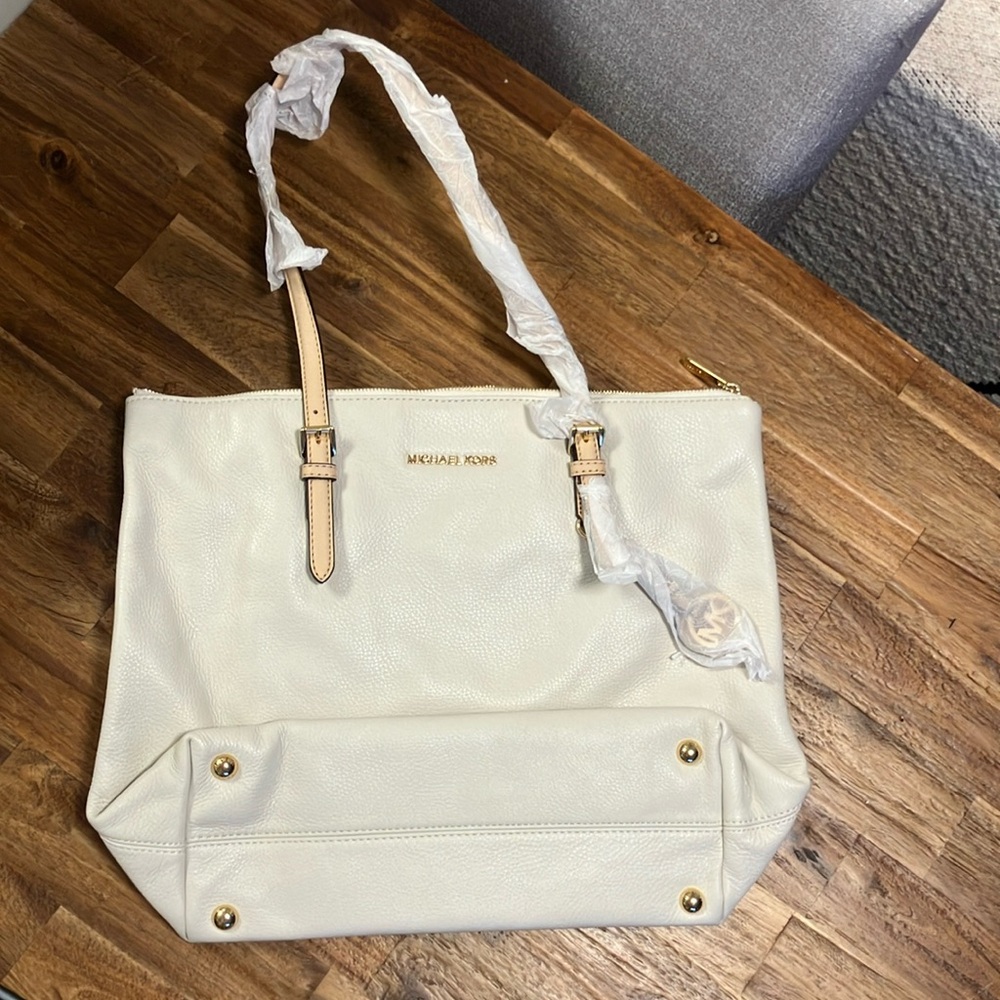 Michael Kors Cream Structured Tote with Gold Hardware